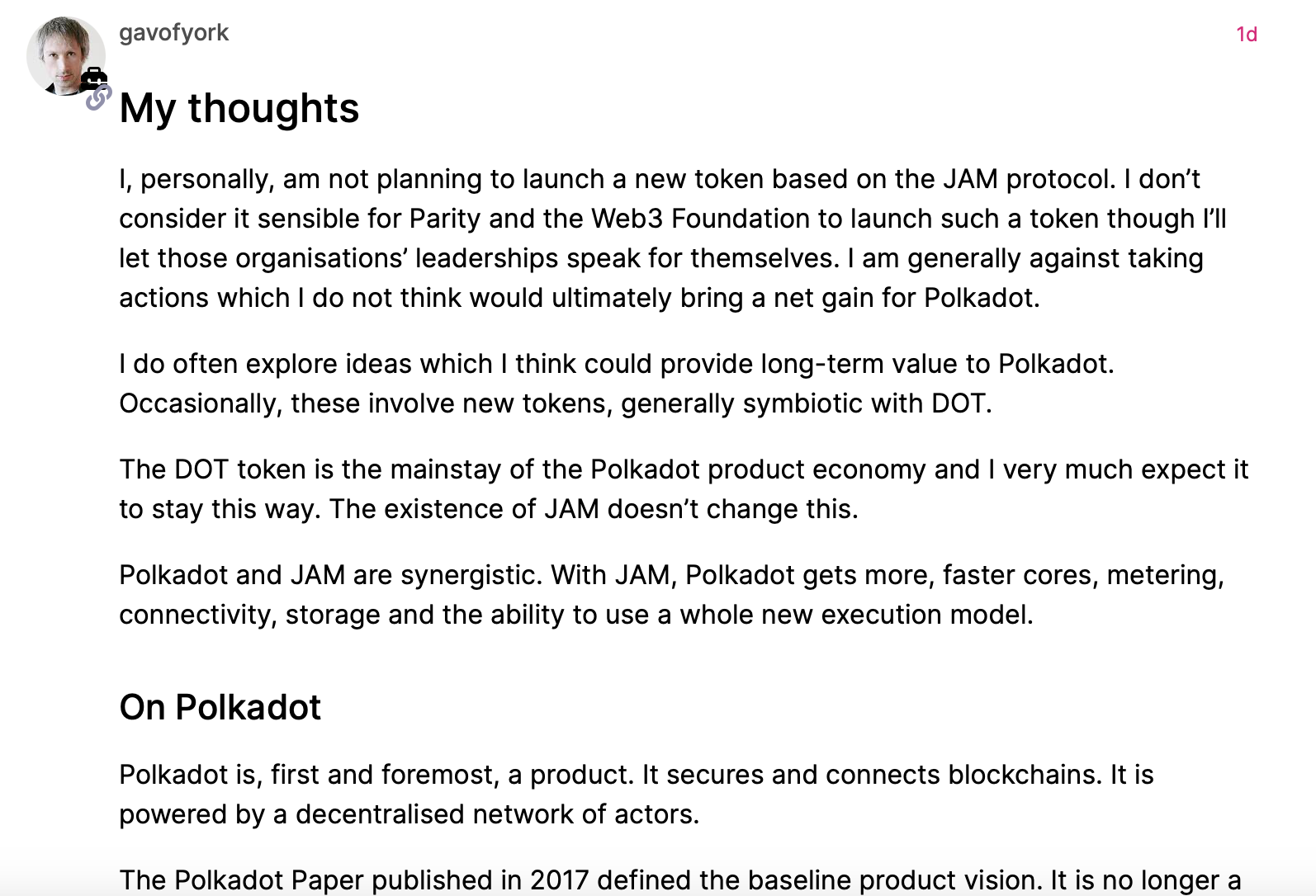 Polkadot創辦人Gavin Wood證實：JAM協議不會發行新代幣